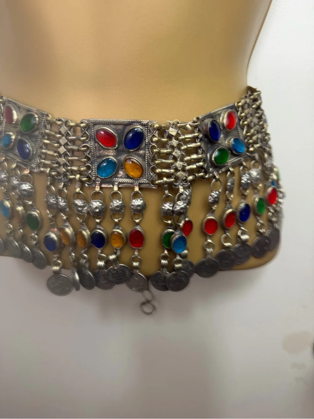 Vintage Kuchi Multicolor Glass Stones Tribal Boho Festival Dangling Coin Belt